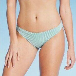 Shade & Shore Womens High Leg Cheeky Ribbed Bikini Bottom Green/White Sz XL